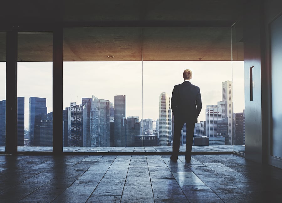 Businessman standing and looking out over the city skyline