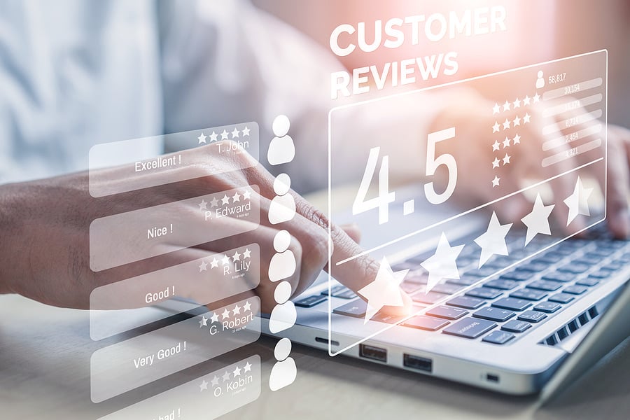 Customer review panel showing a 4.5 star rating above a laptop