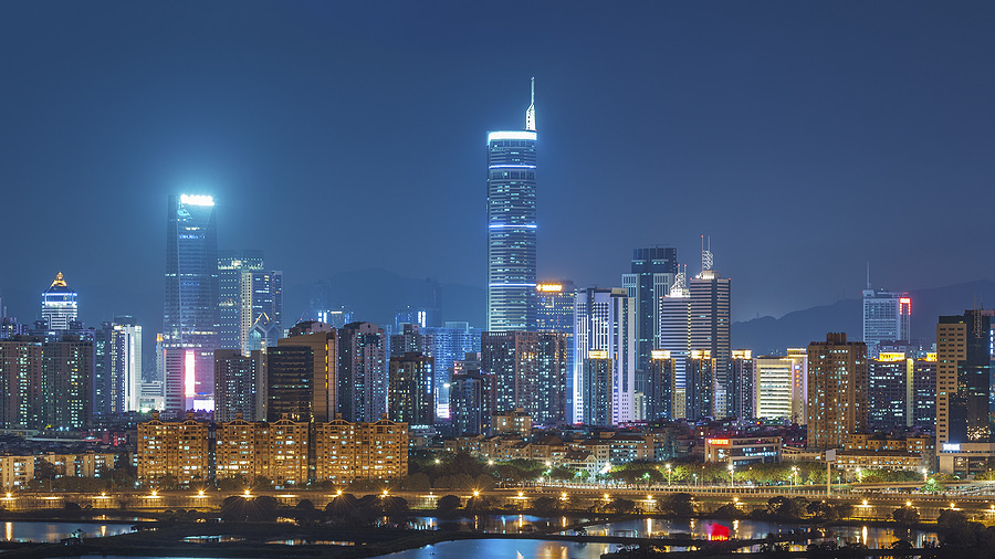 City skyline view of Shenzhen skyscrapers at night