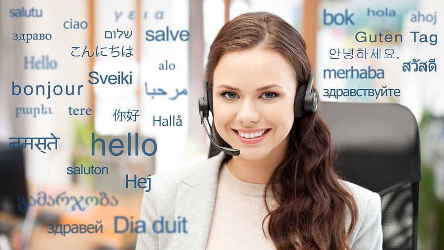 Customer service agent surrounded by multilingual greeting graphics